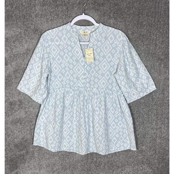 Studio West Apparel Top‎ Womens Size Medium Blue Diamond Print Peplum Tunic NWT - Picture 1 of 7